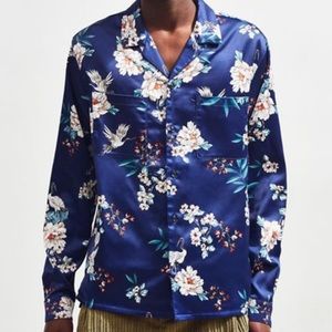 Urban Outfitters Blue Floral Satin Dress Shirt